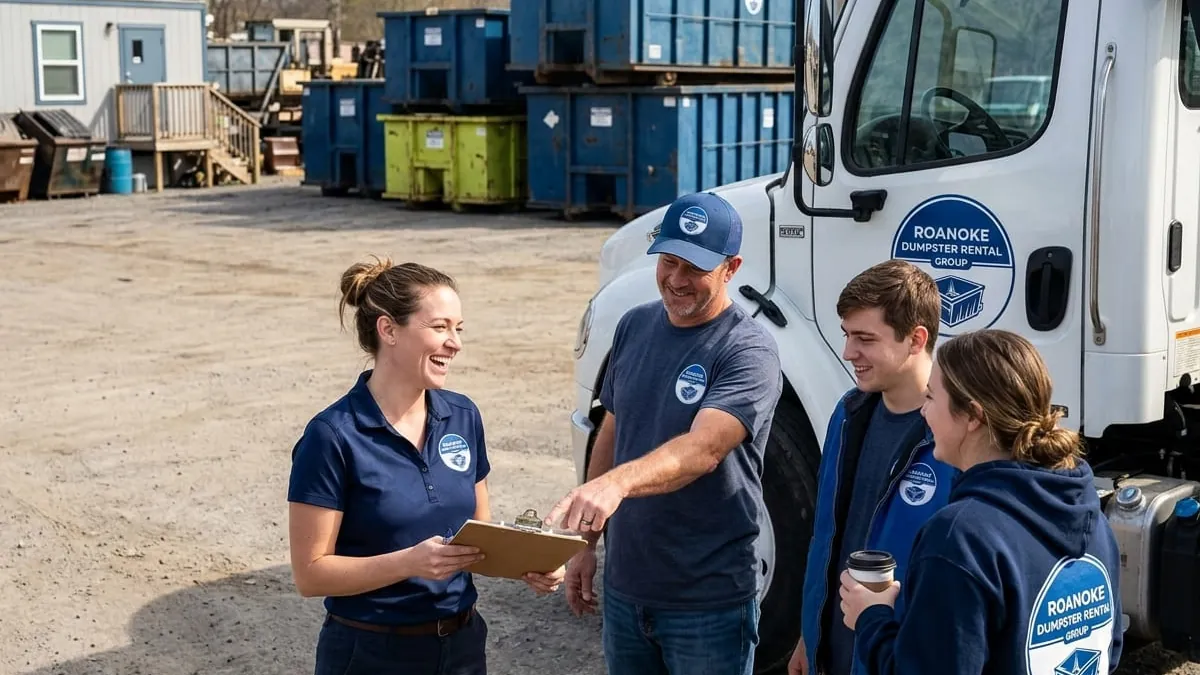 The Roanoke Dumpster Rental Group crew talking through the day’s routes at the yard