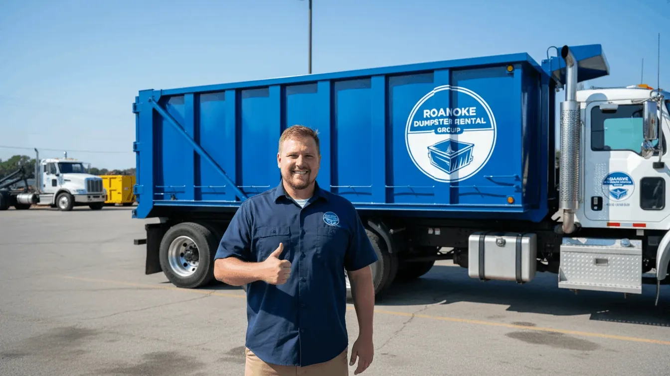 A Roanoke Dumpster Rental Group driver beside the roll-off truck fleet on Peters Creek Road