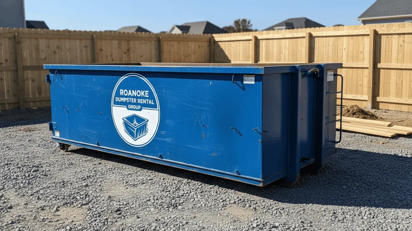 Roll-off dumpster rental in Roanoke: a 20 yard container coming off the rails onto plywood in a Hollins driveway, the driver spotting the set from the low side with the truck squared to the slope. Roll-off dumpster rental in Roanoke: a 20 yard container coming off the rails onto plywood in a Hollins driveway, the driver spotting the set from the low side with the truck squared to the slope.