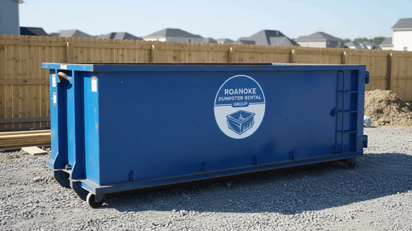 Roofing dumpster rental in Roanoke: a 15 yard roll-off set five feet off the eave line of a Grandin Village bungalow, plywood under the rails and torn architectural shingles loaded level across the floor. Roofing dumpster rental in Roanoke: a 15 yard roll-off set five feet off the eave line of a Grandin Village bungalow, plywood under the rails and torn architectural shingles loaded level across the floor.