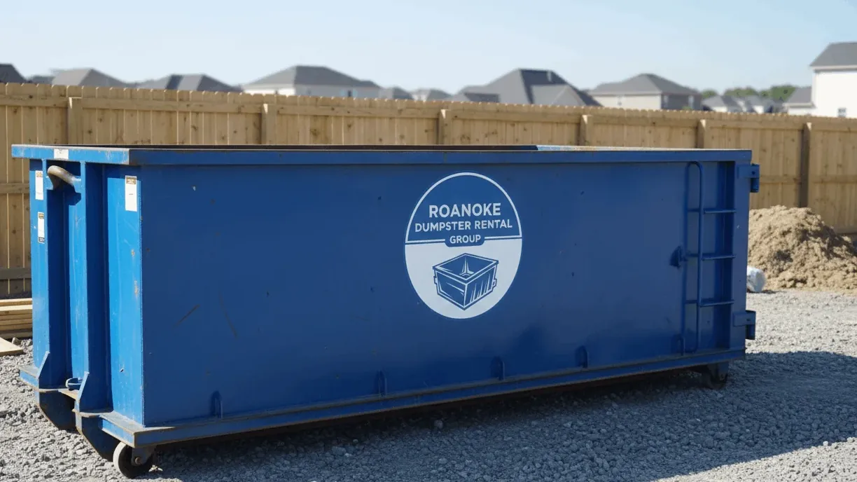 Yard waste dumpster in Roanoke: a 20 yard roll-off on a Bonsack property loaded with storm limbs and hedge cuttings, cut ends stacked toward the door end and the ridge line green behind it. Yard waste dumpster in Roanoke: a 20 yard roll-off on a Bonsack property loaded with storm limbs and hedge cuttings, cut ends stacked toward the door end and the ridge line green behind it.